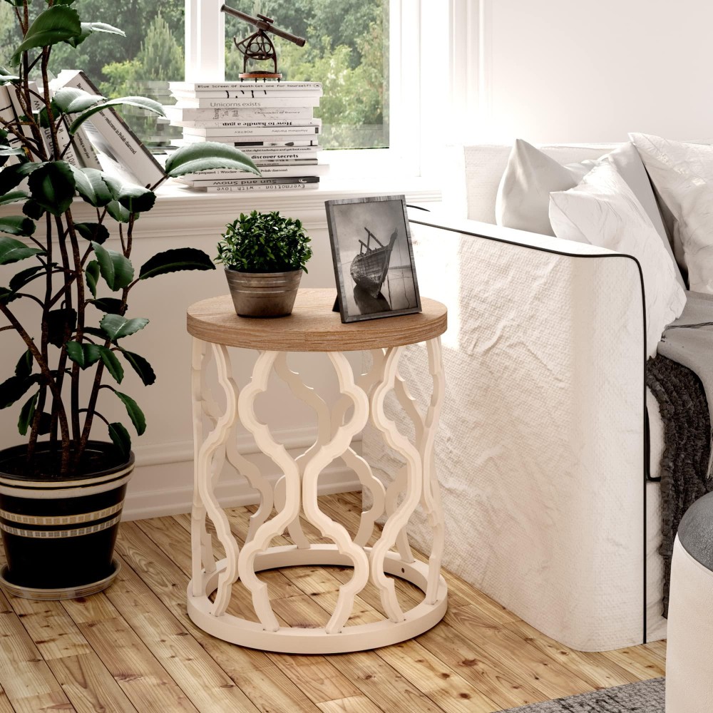 Cozayh Rustic Farmhouse End Table, Distressed Wood Top Side Table With Curved Motif Frame Base For Boho, Round, White