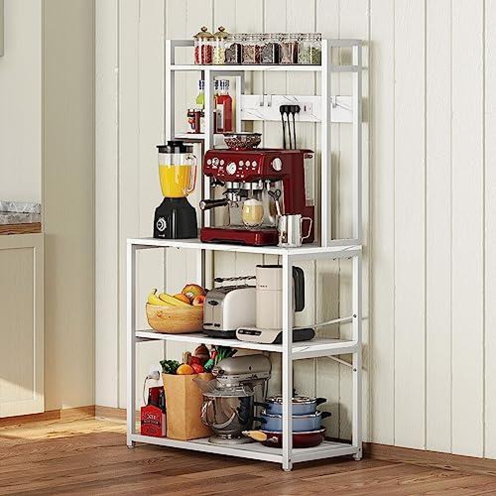 Ciecie Bakers Rack With 3 Power Outlets, 31.5 Inch For Microwave Stand Kitchens With Storage, Heavy Duty Kitchen Shelves With Plugs, Microwave Stand, Kitchen Rack, Kitchen Stand, Coffee Stand-Marble