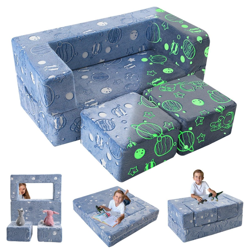 Memorecool Glowinthedark Space Kids Modular Play Couch Blue Foldout Toddler Sofa For Bedroom And Playroom