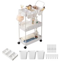 Danpinera Slim Storage Cart 3 Tier Slim Laundry Cart With Wheels Bathroom Cart Organizer With Hanging Cups Hooks Dividers Handl