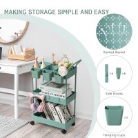 Danpinera Storage Cart On Wheels 3 Tier Bathroom Cart Organizer Slim Laundry Cart Narrow Shelf Cart With Wheels Dividers Hangin