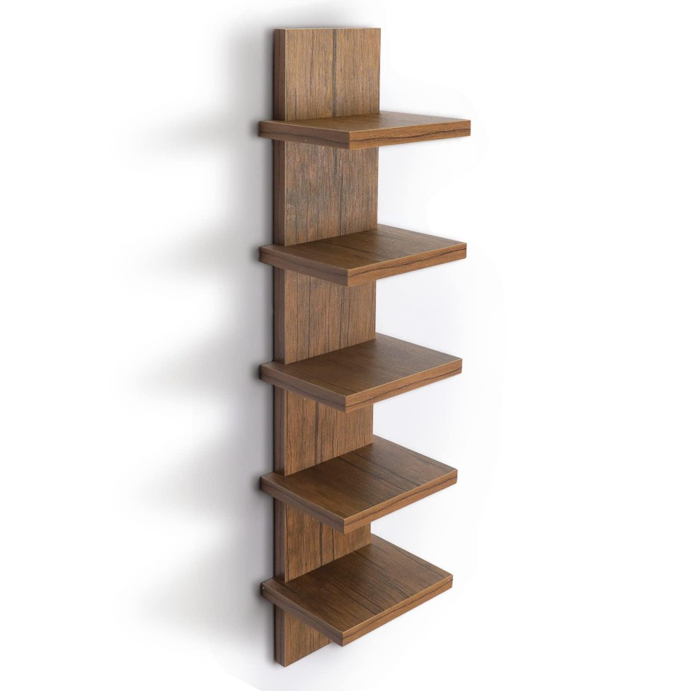 5 Tier Wall Shelves Brown Vertical Column Shelf Floating Storage Home Decor Organizer Tall Tower Design Utility Shelving Bedroo