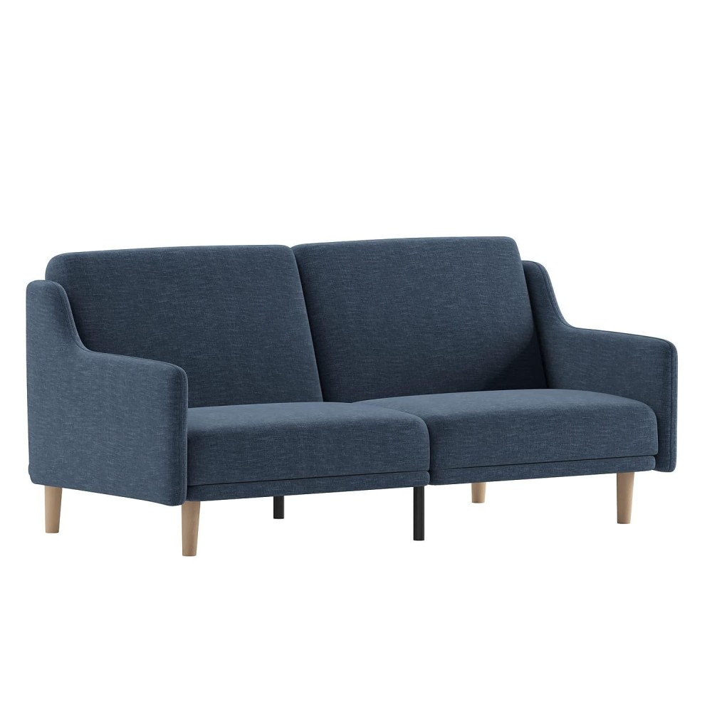 Flash Furniture Delphine Convertible Split Back Sofa Futon Navy Faux Linen Upholstery Solid Wood Legs Curved Armrests Sl