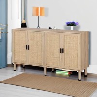 Finnhomy 4 Door Sideboard Buffet Cabinet Kitchen Storage Cabinet With Rattan Decorated Doors Cupboard Console Table Boho Acce