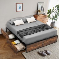 Komfott Queen Size Platform Bed Frame With 4 Rolling Storage Drawers, Industrial Metal Bed Frame With Reserved Holes For Headboard, Space Saving Mattress Foundation, No Box Spring Needed
