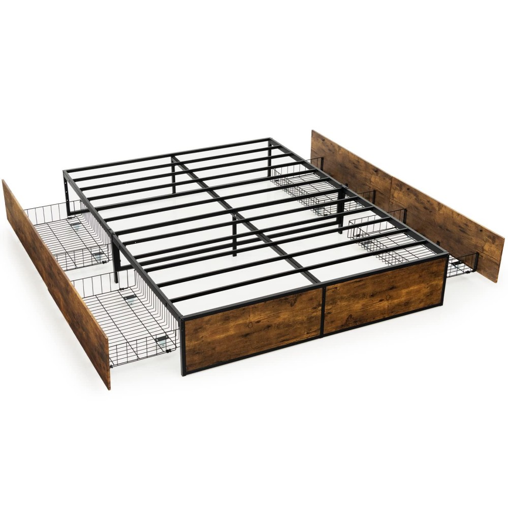 Komfott Full Size Platform Bed Frame With 4 Rolling Storage Drawers, Industrial Metal Bed Frame With Reserved Holes For Headboard, Space Saving Mattress Foundation, No Box Spring Needed