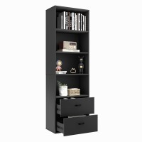Ifanny 4 Shelf Bookcase With Drawers, Tall Bookshelves And Bookcases, Vertical Bookshelf Tower, Wood Storage Shelves, Modern Book Shelf For Bedroom, Living Room, Home Office (Black)