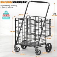 Extra Large Shopping Cart For Groceries  450Lbs Heavy Duty Grocery Cart On Wheels  Folding Dual Basket Utility Carts With Waterproof Liner  Shopping Carts For Transport  Laundry  Gift  Luggage  Black