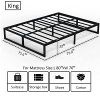 Emoda 12 Inch King Size Bed Frame No Box Spring Needed, Heavy Duty Metal Platform With Steel Slats, Noise Free, Easy Assembly, Black