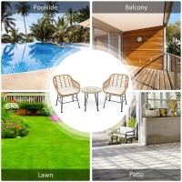 Kotek 3 Pieces Patio Bistro Set, Outdoor Wicker Furniture Set With Glass Top Coffee Table & Seat Cushions, Pe Rattan Conversation Set For Porch, Garden, Backyard, Poolside (White)