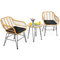 Kotek 3 Pieces Patio Bistro Set, Outdoor Rattan Conversation Set With Glass Top Coffee Table & Seat Cushions, Indoor Outdoor Wicker Bistro Furniture Set For Garden Backyard Porch Balcony (Black)