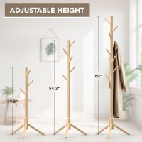 Hupmad Wooden Tree Coat Rack Stand Sturdy Freestanding Coat Rack With 8 Hooks 3 Adjustable Height For Child Adult Wood Coat Stan