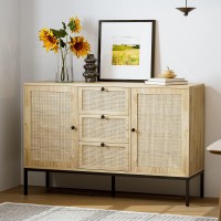 Ikifly Rattan Sideboard Buffet Cabinet, Boho Rattan Storage Cabinet With 3 Drawers And 2 Doors, Accent Console Table Cabinet For Living Room, Kitchen, Dining Room, Entryway - Natural