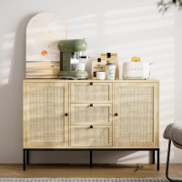 Ikifly Rattan Sideboard Buffet Cabinet, Boho Rattan Storage Cabinet With 3 Drawers And 2 Doors, Accent Console Table Cabinet For Living Room, Kitchen, Dining Room, Entryway - Natural