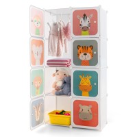 Costzon Kids Wardrobe Closet, Cartoon Diy Modular Dresser Storage Organizer With 8 Cubes & Clothes Hanging Section, Portable Closet Bedroom Nursery Armoire Rack For Toddlers Children