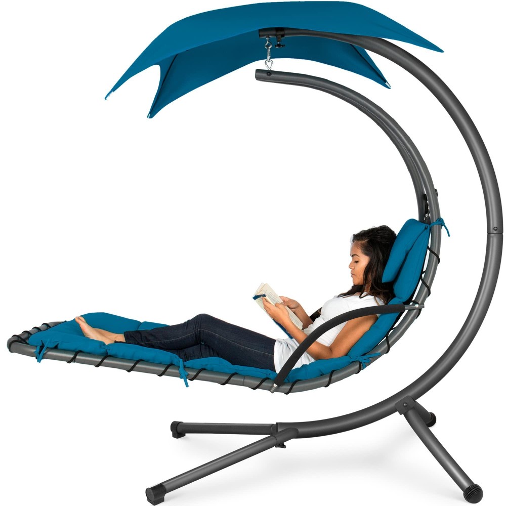 Best Choice Products Outdoor Hanging Curved Steel Chaise Lounge Chair Swing Wbuiltin Pillow And Removable Canopy Peacock Blu