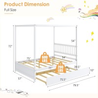 Komfott Wood Canopy Bed With Trundle, Full Size Kids Solid Wood Platform Bed Frame With Headboard, Modern Space Saving Full Bed With Twin Trundle Bed, No Box Spring Needed, Easy Assembly (White)