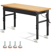 Antifir 60 Adjustable Workbench Rolling Heavyduty Worktable With Power Outlet And Wheels Large Load Capacity Rubber Wood Top