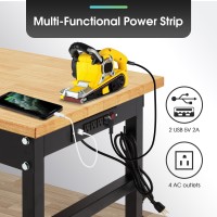 Antifir 60 Adjustable Workbench Rolling Heavyduty Worktable With Power Outlet And Wheels Large Load Capacity Rubber Wood Top