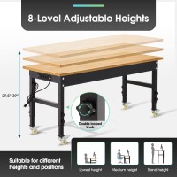 Antifir 60 Adjustable Workbench Rolling Heavyduty Worktable With Power Outlet And Wheels Large Load Capacity Rubber Wood Top