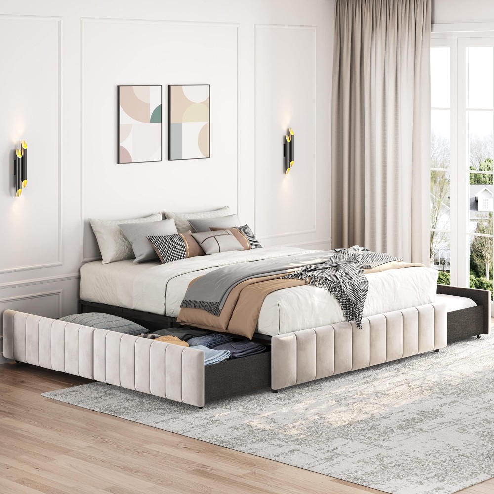 Yaheetech Queen Bed Frame Upholstered Platform Bed With 4 Storage Drawers, Large Storage Space/Strong Wooden Slats/Non-Slip And Noise-Free/No Fixed Headboard/No Box Spring Needed/Beige Queen Bed