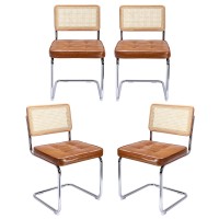 Zesthouse Mid-Century Modern Dining Chairs 4 Pcs, Accent Rattan Kitchen Chairs, Armless Mesh Back Cane Upholstered Leather Chairs With Metal Chrome Legs, Brown