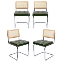 Zesthouse Mid-Century Modern Dining Chairs 4 Pcs, Accent Rattan Kitchen Chairs, Armless Mesh Back Cane Chairs, Upholstered Leather Chairs With Metal Chrome Legs, Green
