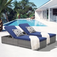 Patiorama Outdoor Patio Chaise Lounge Chair, Elegant Reclining Adjustable Pool Rattan Chaise Lounge Chair With Navy Blue Cushion, Grey Pe Wicker, Steel Frame, Set Of 2