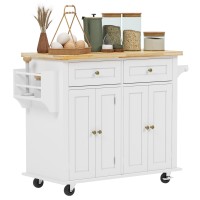 Sogesfurniture Rolling Kitchen Island With 2 Drawers And Adjustable Shelves, Kitchen Cart With Rubberwood Countertop, Spice Rack And Towel Holder, Kitchen Island Cart On Wheels With Storage, White