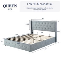 Allewie Queen Size Lift Up Storage Bed Button Tufted Headboard With Wingback No Box Spring Needed Hydraulic Storage Grey Blu