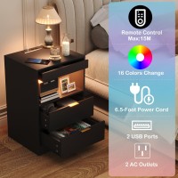 Yusong Led Nightstand Bedside Table With Charging Station 2 Drawers, Black Modern Sofa Couch End Side Table With Led Lights And Pull-Out Shelf For Bedroom Living Room, Wooden