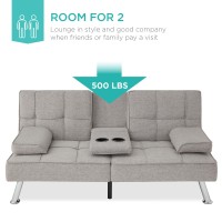 Best Choice Products Linen Modern Folding Futon, Reclining Sofa Bed For Apartment, Dorm W/Removable Armrests, 2 Cupholders - Light Gray