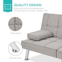 Best Choice Products Linen Modern Folding Futon, Reclining Sofa Bed For Apartment, Dorm W/Removable Armrests, 2 Cupholders - Light Gray