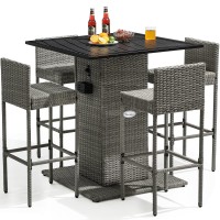 Yitahome 5-Piece Outdoor Furniture Wicker Bar Set With Built-In Bottle Opener, Hidden Storage Shelf, Metal Tabletop, 4 Stool With Backrest For Patios, Backyards, Porches, Gardens, Poolside (Gray)