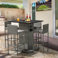 Yitahome 5-Piece Outdoor Furniture Wicker Bar Set With Built-In Bottle Opener, Hidden Storage Shelf, Metal Tabletop, 4 Stool With Backrest For Patios, Backyards, Porches, Gardens, Poolside (Gray)