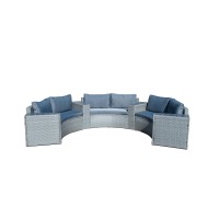 Outdoor Patio Furniture Seating Set 7-Piece Half-Moon Sectional Round Patio Furniture Set Curved Outdoor Sofa With Wedge Tables Seat Cushions Gray Rattan(D0102H5H50J)