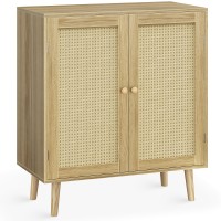 Huuger Buffet Cabinet With Storage, Storage Cabinet With Pe Rattan Decor Doors, Accent Cabinet With Solid Wood Feet, Sideboard Cabinet For Hallway, Entry, Living Room, Natural
