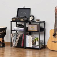 Lelelinky Black End Table Small Side Table With Metal Frame Modern Record Player Stand With Storage Shelf Wood 3 Tier Sofa Bed