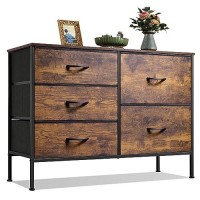 Wlive Dresser For Bedroom With 5 Drawers, Wide Bedroom Dresser With Drawer Organizers, Chest Of Drawers, Fabric Dresser For Living Room, Closet, Hallway, Rustic Brown Wood Grain Print