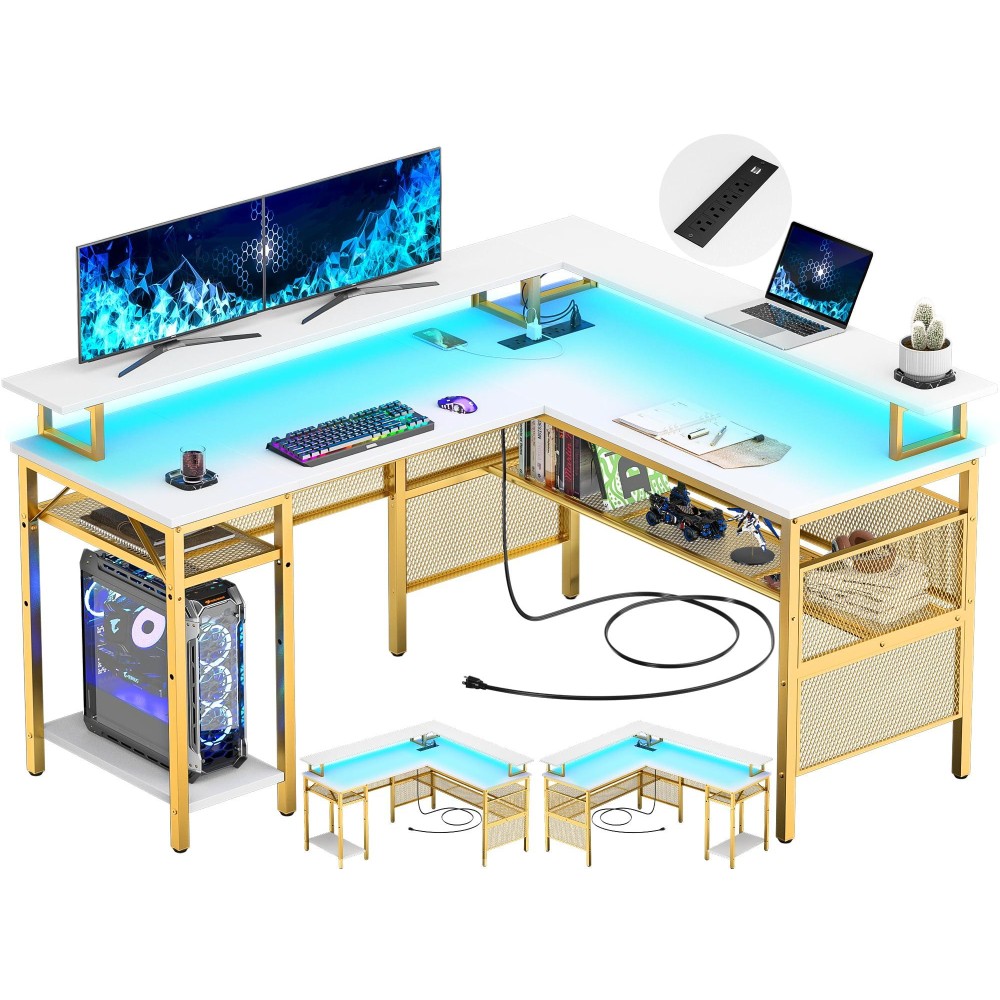 Unikito L Shaped Desk With Led Strip And Power Outlets Reversible Corner Computer Desks With Monitor Stand And Storage Shelf L