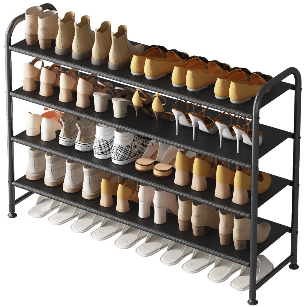 Ingiordar Shoe Rack 4 Tier Long Storage Organizer Wide Metal Shoe Shelf For Closet Entryway Black