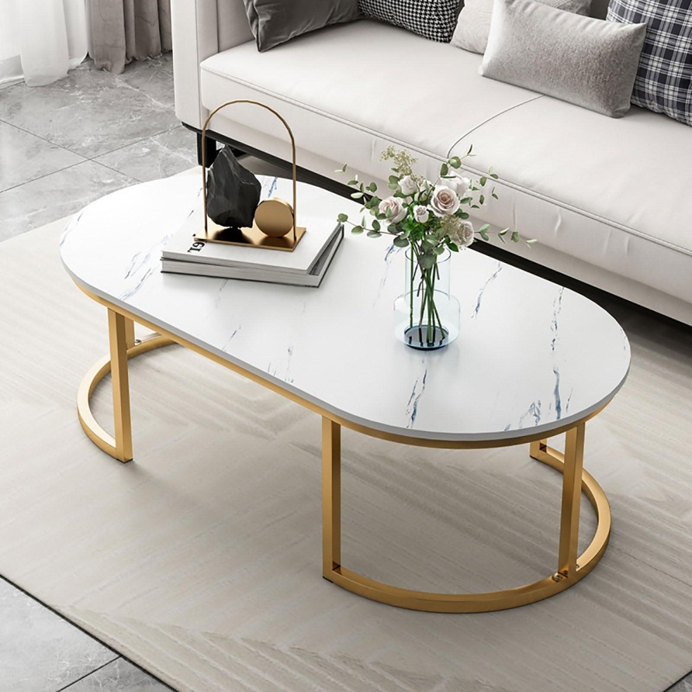 Coffee Tables For Living Room, Faux Marble Top Modern Coffee Table Oval Center Table Side Table Accent Table, For Living Room, Office, Balcony (Color : Gold Frame-A, Size : 100X60X42Cm)