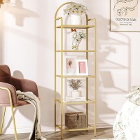 Hzuaneri Bookcase Bookshelf, Tempered Glass Bookshelves, Slim Shelving Unit For Bedroom, Bathroom, Home Office, Steel Frame, 5 Tier Gold Bc05001G