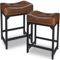 Flyzc Bar Stools Set Of 2, Counter Height Bar Stools For Kitchen Counter, 24 Inch Saddle Barstools Kitchen Stools, Counter Height Stools For Bar, Kitchen, Island Support 300 Lbs-Brown