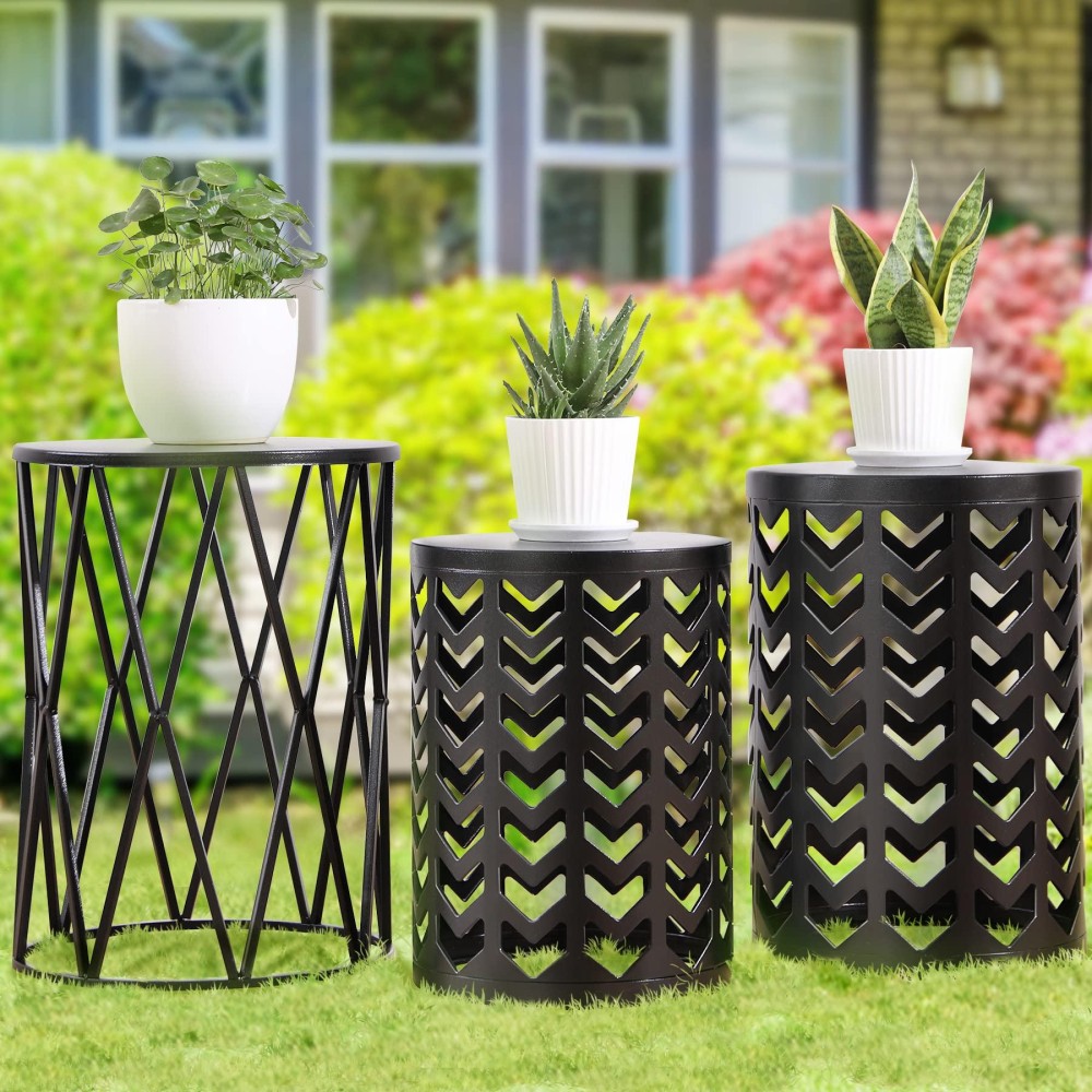 Ym Set Of 3 Black End Tables Nesting Metal Round Coffee Table Heavy Duty Meta Plant Stand Decorative Garden Stool Outdoor Mu