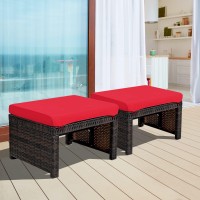 Oralner Outdoor Ottoman, Set Of 2 Wicker Footstools, All-Weather Rattan Foot Stools W/Removable Cushions, Patio Footrest Extra Seating For Porch, Poolside, Garden, Deck, Easy Assembly (Red)