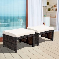 Oralner Outdoor Ottoman, Set Of 2 Wicker Footstools, All-Weather Rattan Foot Stools W/Removable Cushions, Patio Footrest Extra Seating For Porch, Poolside, Garden, Deck, Easy Assembly (Off White)