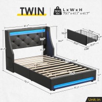 Rolanstar Twin Bed Frame With Led Lights And Charging Station, Upholstered Bed With Drawers, Wooden Slats, Noise Free, Easy Assembly, Dark Gray