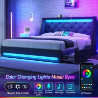 Rolanstar Full Bed Frame With Led Lights And Charging Station, Upholstered Bed With Drawers, Wooden Slats, Noise Free, Easy Assembly, Dark Gray