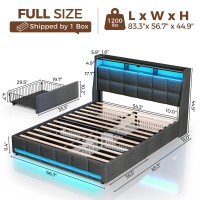 Rolanstar Full Size Bed Frame With Led Lights And Charging Station, Upholstered Bed Storage Headboard & Drawers, Heavy Duty Wood Slats, Easy Assembly